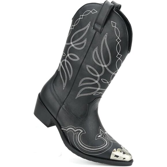 Men\'s Black Western Cowboy Retro Classic Embroidered Pull On Durable Boots main image 5
